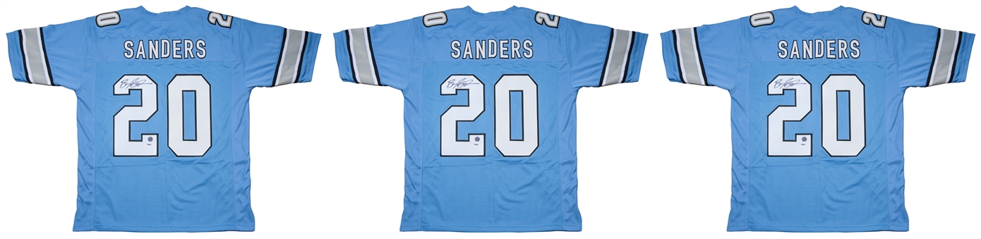 Lot of (3) Barry Sanders Autographed Detroit Lions Blue Jersey (PSA/DNA)